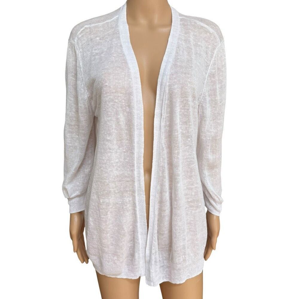 Retro-ology Linen Blend Open front White Cardigan Sweater Knit Size L